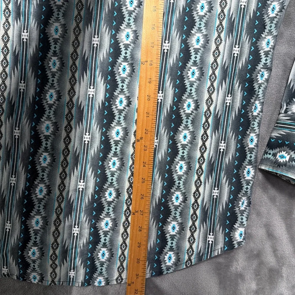Wrangler Brush‎ Popper Shirt Mens Large Blue Aztec Southwestern Pearl Snap